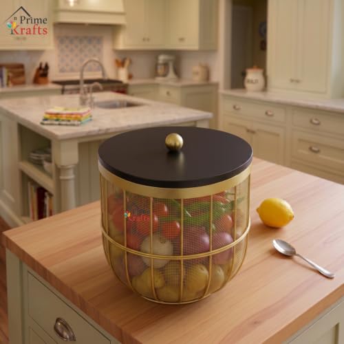 Image of Decorative Net (Jaali) Design Fruit and Vegetables Basket with Natural Wooden Lid | Premium Insect Resistant Storage Organizer for Home and Kitchen - Gold