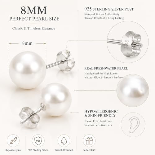 Freshwater Pearl Stud Earrings for Women 925 Sterling Silver 8mm Gift - image 3