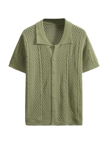 WDIRARA Men's Crochet Button Down Cardigan Sweaters Collared Short Sleeve Knitwear