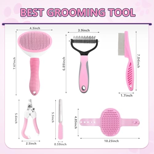 Dog Brush Grooming Kit 6PCS Dog Brush for Shedding-Dogs Brushes for Grooming, Dematting Comb for Dogs, Nail Clipper with Nail File, Flea Comb, Cat Bath Brush-Pink - Image 3