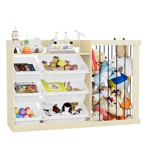 Image of Naches Kids Toy Organizer and 4-Tier Montessori Bookshelf with 6 Bins, 3-in-1 Toy Shelves and Stuffed Animal Storage for Playroom, Nursery, Baby Room (Burlywood)