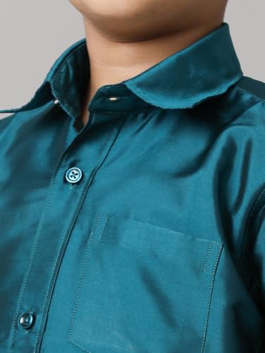 Image of RAMRAJ COTTON Boys Silk Cotton Shirt With Adjustable Cream Dhoti Perfect For Ceremonies| Festivals| And Special Occasions