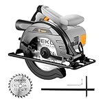 Sierra Circular 1200W: DEKOPRO Sierra Circular con...: MOTOR POTENTE:Esta sierra circular de 1200 W está equipada con un motor potente que proporciona una velocidad de giro alta de 4800 RPM, lo que permite una velocidad de corte más rápida y facilita el corte de suelos compuestos, madera y tubos de PVC. ...