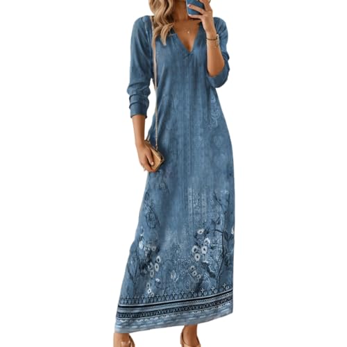 Akivide Women's Bohemian Ethnic Style Digital Printing Dress V Neck Long Sleeve Oversized Fall Maxi Dresses for Women