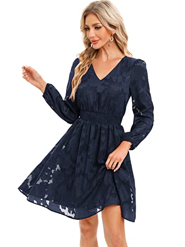 Bbonlinedress Womens Navy Blue Casual Boho Summer Dress Teen Mini V-Neck Long Sleeve Smocked Floral Party Dress Navy M #TOP3