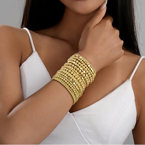 ÌF ME 16 PCS Gold Bead Bracelet for Women, Gold Beaded Stretch Plated Stackable Strand Bead Ball Bracelets stack Adjustable Jewelry Set for Gifts4
