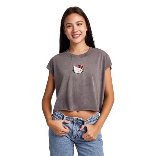 Hello Kitty Embroidered Character Face Womens Black Ram Hem Cropped Tank -Large