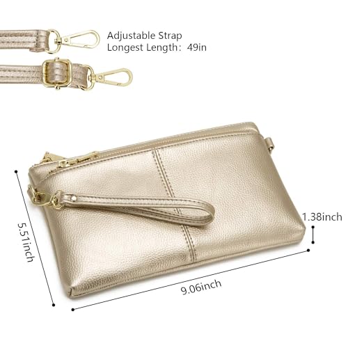 ZOUIQSS Kleine Dreifach Reißverschluss Umhängetasche Leichte Handtaschen Geldbörse Vegan Kunstleder Handgelenkstasche,Inklusive verstellbarer Schulter(Gold(LZ))