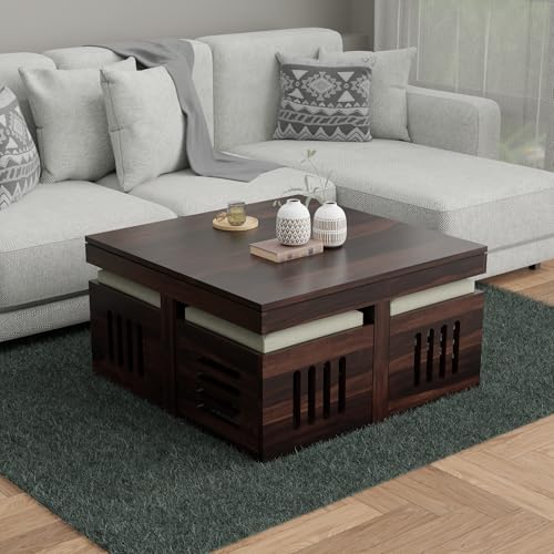Image of Solid Sheesham Wood Coffee Table with 4 Stools | Square Centre Table with Stool | Dark Walnut, Pre Assembled