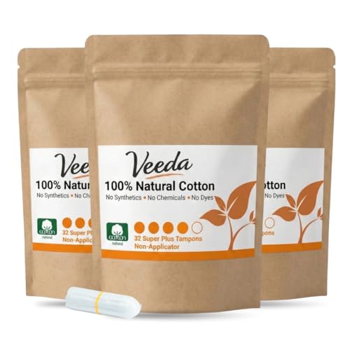 Veeda 100% Natural Cotton Compact Tampons Super Plus Absorbency - Non-Applicator Tampons with leak proof protection - Unscented, Chlorine & Toxin Free - 96 Count