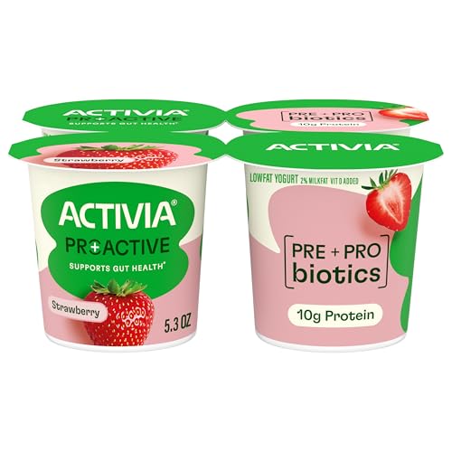 Activia Proactive Strawberry Prebiotic and Probiotic Yogurt, Creamy Low Fat Yogurt Cups, 5.3 oz, 4 Count​