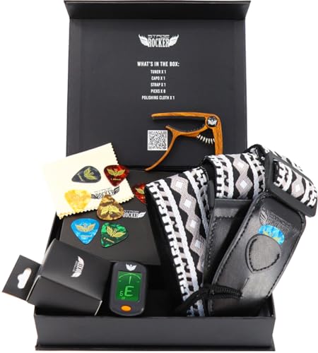 Stage Rocker - Caja de regalo para guitarras acústicas y eléctricas, correa de guitarra tejida jacquard en blanco y negro, púas, capo, afinador, paño de limpieza, regalo esencial 5 en 1