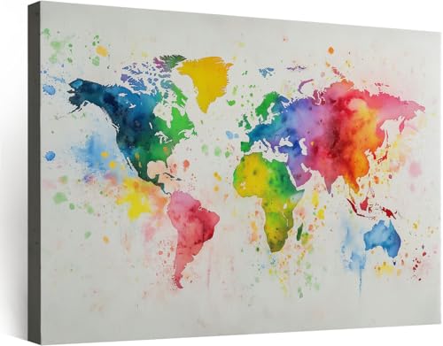 Genérico Cuadros decorativos Beige Impreso en Lienzo 1 pieza, Lienzos Dormitorio Decoración Moderno Acuarela Mapa del Mundo Cuadros para Pasillo Oficina Comedor Baño (70 x 50 cm) con Marco