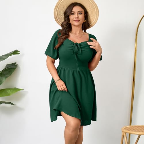 Image of RWJ Women Plus Size Summer Dress Short Sleeve Tie Front Sweetheart Neck Casual Mini Wedding Guest Dresses 2025