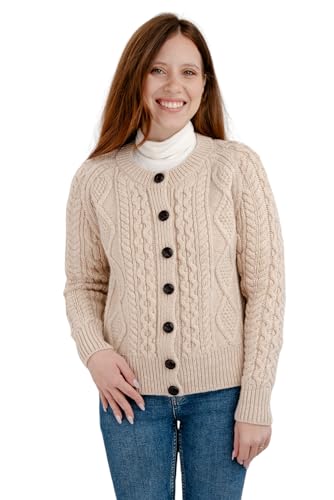 SAOL Irish Ladies Wool Cardigan Sweater Cable Knit Made in Ireland