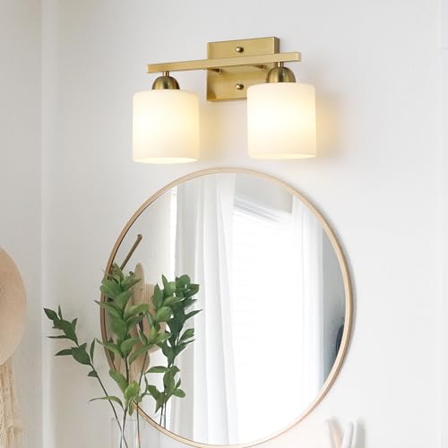 Image of Mecgirn Stainless Steel Milk Glass Vanity Lights for Bathroom, 2 Light Gold Bathroom Light Fixtures Over Mirror, Ceramic E26 Sockets Wall Mounted