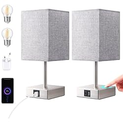 Lamparas De Mesa Usb EDISHINE Lámpara de Noche LED Regulable Táctil 2 Lámparas de Mesa Modernas Lámpara 2 USB Puertos de Carga para Dormitorio Salón Alféizar Regalo Pantalla Gris