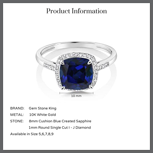 Gem Stone King 10K White Gold Blue Created Sapphire And Accent Diamond Engagement Ring For Women (2.50 Cttw, Cushion 8Mm, Available In Size 5, 6, 7, 8, 9) #TOP6