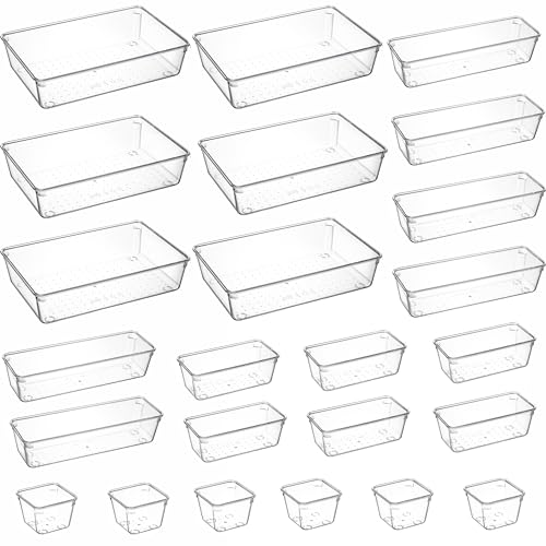 Nicunom 24 Pack Clear Plastic Drawer Organizers, Vanity Drawer Organizers Trays Dividers, Versatile Drawer Storage Bins for Makeup, Jewelry, Kitchen Utensils, Bedroom, Bathroom and Office Supplies