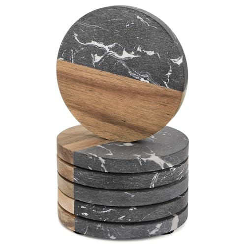 ZENFUN 6 Pc Black Marble Wood Coasters, Round Coaster, Handcrafted Artificial Marble Coasters Set for Your Drinks and Beverages, Tea, Coffee, Wine/Bar Glasses, Tabletop Protection Helper