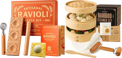 Cooking Gift Set Co. Bamboo Steamer & Ravioli Maker Gift Set – 2-in-1 Asian + Italian Cooking Kit - Unique Cooking Gift for Food Lovers