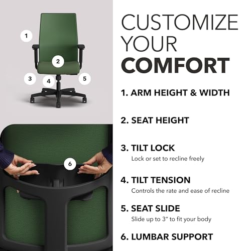 Image of HON Ignition 2.0 Mid Back Task Chair, Spectrum Mesh, Standard Synchro-Tilt Control, Office Chair with Lumbar Support, Height and Width Adjustable Arms, Black Frame, Leaf