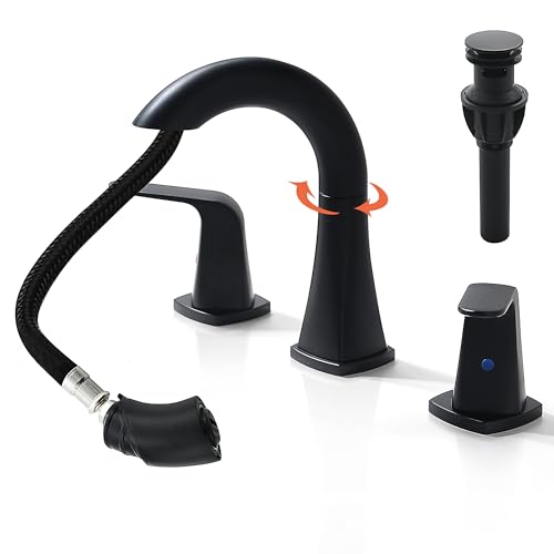 BRAVEBAR Pull Down Bathroom Faucet Black- Matte Black Sink Faucet with Sprayer, Bathroom Pull Out Faucets, 2-Handles Widespread Vanity Faucets 3 Hole 8 Inch 360 Swivel Spout with Pop-up Drain & Lines by BRAVEBAR - Used condition - US$42.44