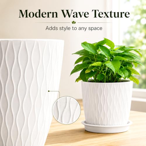 Image of SWAPKART (Pack of 5 6 Inch Plastic Flower Pots for Indoor & Outdoor Terrace,Garden Plants Decorative Planters with Drainage Holes & Matching Saucers Durable & Lightweight (White)