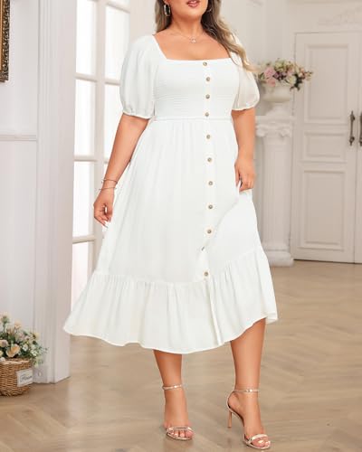 Image of Plus Size Summer Dresses - Boho Casual Wedding Guest Midi Flowy Short Sleeves Smocked Button Down Dress for Curvy Women