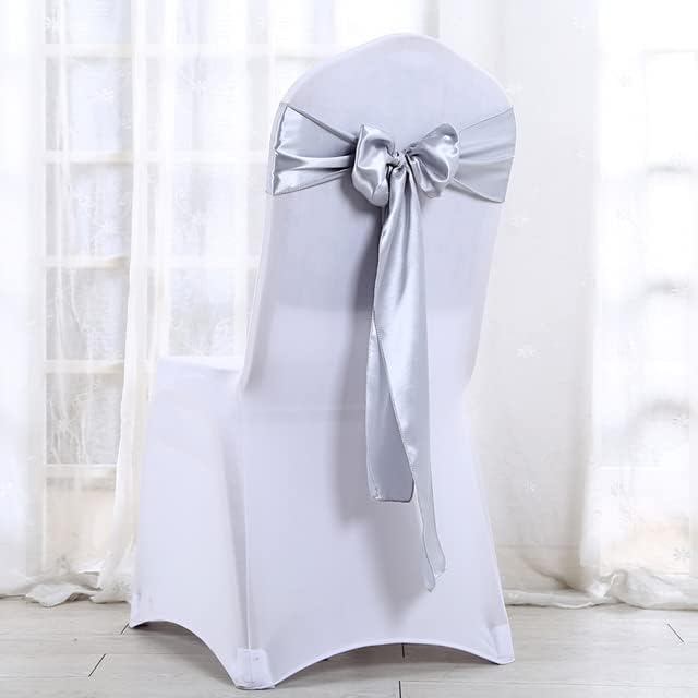 25pcs Satin Chair Sash Wedding Chair Ribbon Bow Tie Hotel Banquet Decoration Event Party Supplies Navy Blue (Silver Grey)