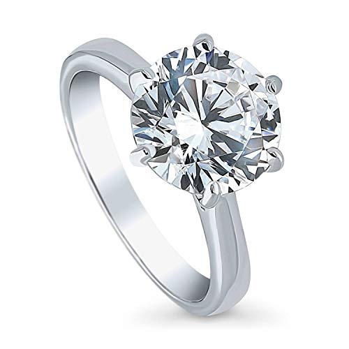 BERRICLE Rhodium Plated Sterling Silver Round Cubic Zirconia CZ Statement Solitaire Engagement Ring 3.8 CTW Size 6