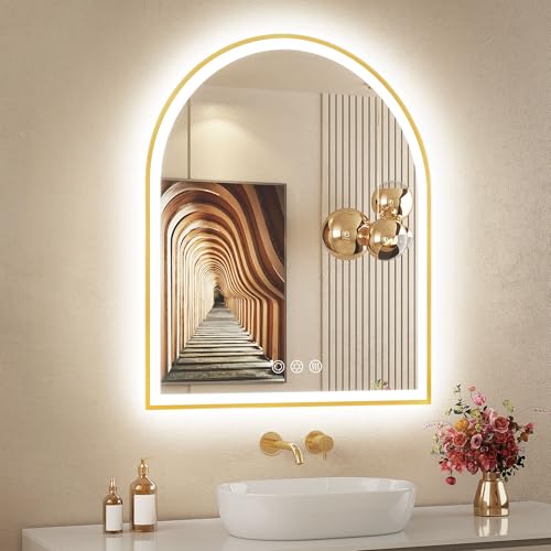 Image of Arched LED Mirror for Bathroom 24 inchx30 inch, Brushed Gold Lighted Bathroom Mirror with Lights, Fogless, Dimmable, Shatterproof, Touch Sensor, 3 Color Changing