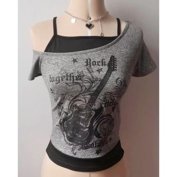 Emo Grunge Shirts Women 2000s Graphic Baby Tees Fake Two Piece Short Sleeve Vintage Y2k Crop Top Goth Alt Clothes4