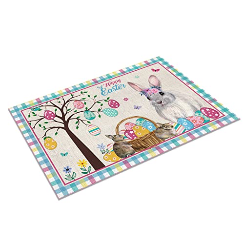 Happy Easter Placemats Set Of 4,Colorful Plaid Easter Bunny Eggs Place Mats Heat Resistant Waterproof Cloth Placemat For Kitchen Dining Table Spring Easter Party Decorations 12 X 18 Inch #TOP4