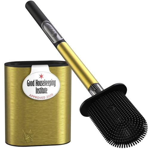 MooStar 1-Pack Silicone Toilet Brush with Holder - Stainless Steel Wall-Mounted & Free-Standing Toilet Brushes and Holders with Quick-Drying Flexible Flat Brush Head & Soap Dispenser for Bathroom-Gold
