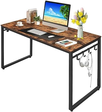 Zanzio Computer Desk with 8 Storage Hooks, 51.1 Inches Simple Style Home Office Desk Writing Study Table with Stable Metal Frame, Easy Assembly, Vintage Brown