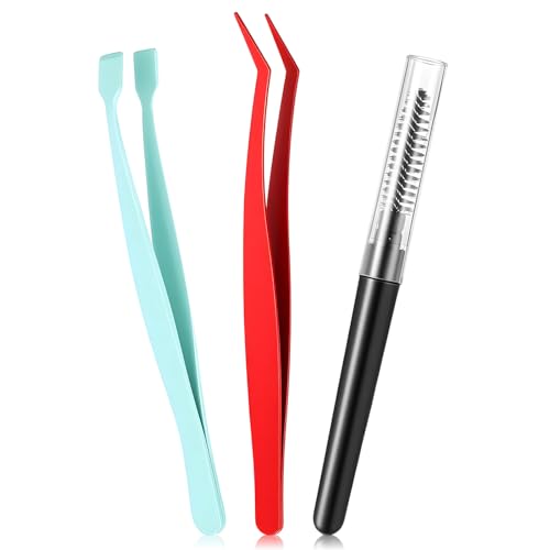 3 Pcs Stainless Steel Lash Tweezers for Eyelash Clusters Kit Eyelash Tweezers Flat Curved Tip for