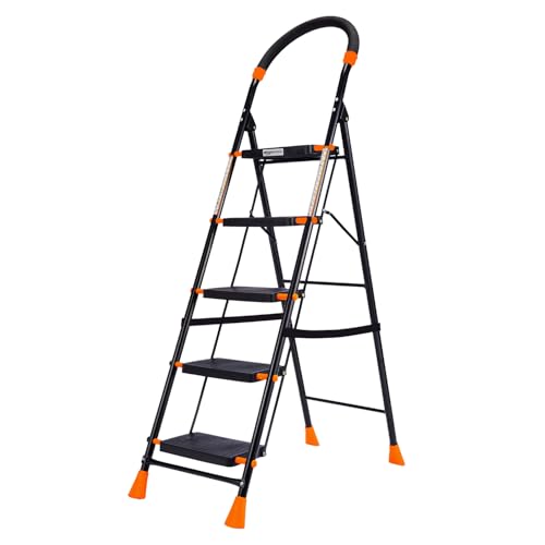 Image of Amazon Basics Curvo - Foldable Step Ladder, Ribbed Steps, Knee Guard, Non-Marring PVC Shoes, 5 Steps (Black & Orange)