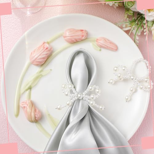 Gandeer 12 Pcs Pearl Bow Napkin Rings Imitation Bow Pearl Ring Napkin Holder Delicate Beaded Serviette Buckles for Christmas Wedding Party Dinner Table Decor and Daily Use(Elegant) - Thumbnail 5