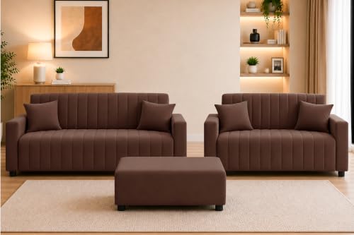Image of Rosebell 3+2 Fabric Sofa Set with Ottoman | Premium Upholstery 5 Seater Sofa | with Printed Cushions | Living Room Furniture | - Brown Color
