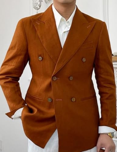 Linen Double Breasted Blazer for Men Fashion Peak Lapel Jacket Slim Fit Business Casual Sport Coats2