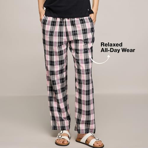 Image of Nykd (NYS141) Checked Pure Cotton Pyjama Sleepwear Pants for Women | Relaxed Fit with Non-Slip Elasticated Waistband, Adjustable Drawcord & 2 Side Pocket | Ideal for Night, Lounge & Daily Wear