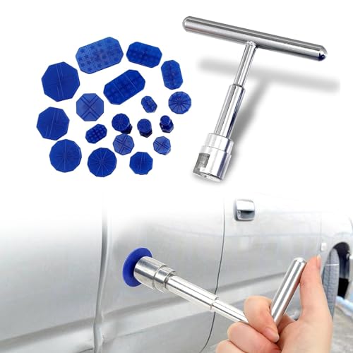 leediga 19 PCS Car Dent Repair Puller, Paint-Free Body Dent Hail Damage Repair with Silver T-Shape Puller, Dent Detach Sheet Suction Cup Puller Repair Kit, Universal Accessories for Most Cars (Blue)