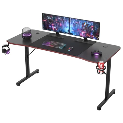 JUMMICO Gaming Tisch Groß, Gaming-Schreibtisch, Computertisch, Arbeitsplatz, Ergonomischer Gamer-Tisch mit Headsethaken, Getränkehalter, 160 x 60 cm, Schwarz.