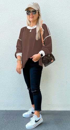 Image of Womens Sweaters Causal Crewneck Batwing Sleeve Knit Top Side Split Oversized Pullover Sweater Loose Jumper
