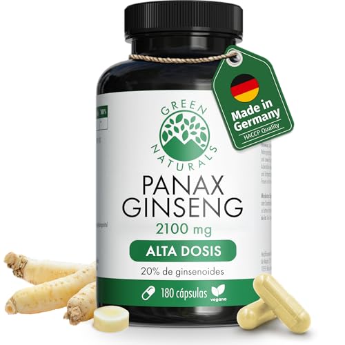 Green Naturals® Panax Ginseng – 2100 mg por dosis diaria – 20% Ginsenósidos – 180 cápsulas para 2 meses – Extracto de raíz Panax Ginseng C.A. Meyer – Fabricado en Alemania
