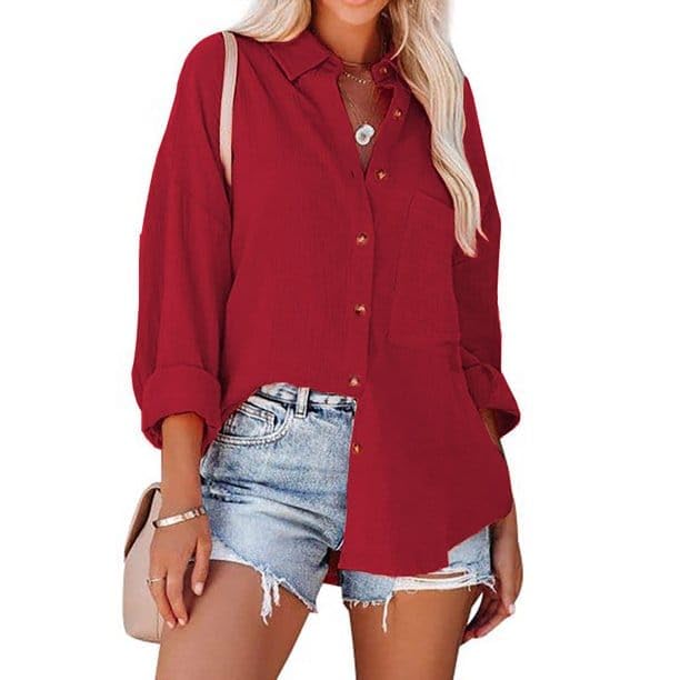 PINKHUBWomens Button Down Shirts Casual Long Sleeve V Neck Collared Blouses Tops with Pocket