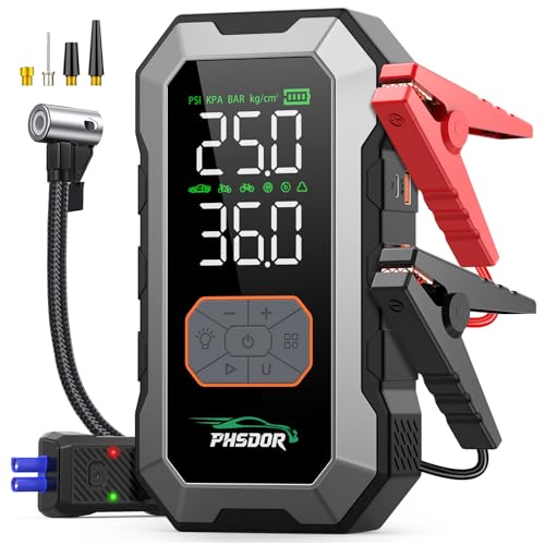 8000A Booster Batterie Voiture avec Gonfleur 150PSI, 25000mAh Démarreur Batterie Voiture (Tous Gaz ou 10L Diesel), 12V Booster de Batterie, Jump Starter avec...