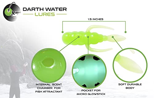 Darth Water Lures, 4 Grub, 4 Glow Sticks - Ice Fishing Lures And Saltwater Fishing Lures. Glow In Dark, Soft Plastics, Internal Scent Pocket. Panfish, Perch, Crappie, Walleye, Trout, Bass. Made In Usa #TOP2