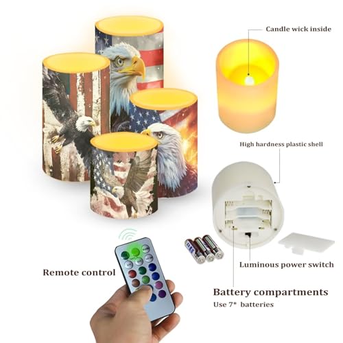 Image of American Flag Eagle Flameless Candles Battery Powered LED Candle with Remote Timer Color Changing Control 4 Pieces Candles for Independence July 4th Day Decor